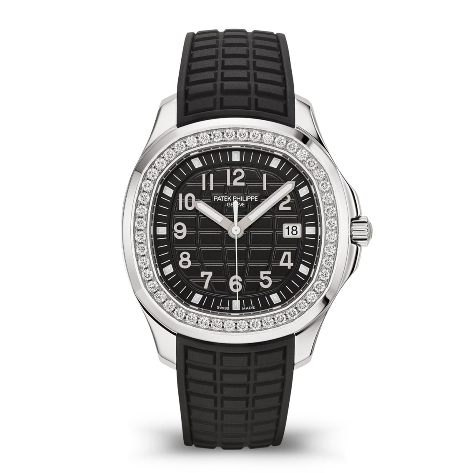 The Patek Philippe Aquanaut 5267/200A-001 is a luxury watch featuring a black dial, diamond bezel, black rubber strap, and silver hour markers.