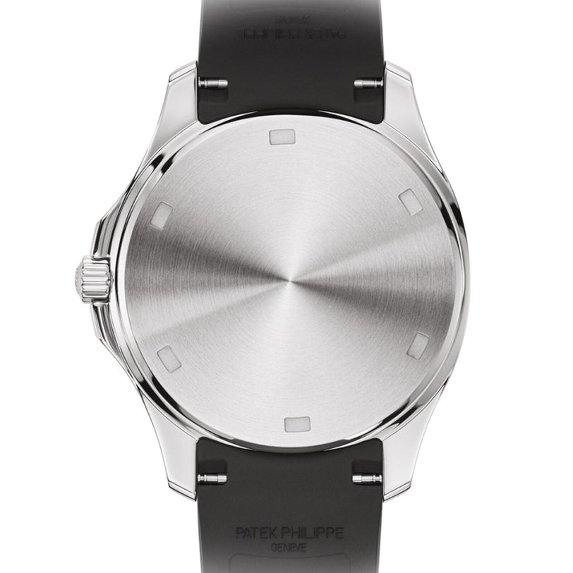 Back view of the Patek Philippe Aquanaut 5267/200A-001: a silver wristwatch case with no markings, black strap attached, and a brushed metal finish.