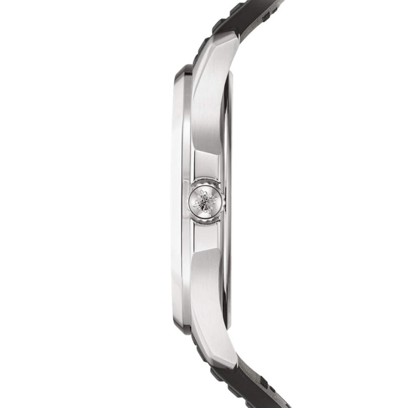 Side view of the Patek Philippe Aquanaut 5267/200A-001 in silver with a black strap and a crown featuring a star design.