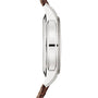 Side view of the Patek Philippe Complication 5172G-010 silver wristwatch with a brown leather strap, shown against a white background.