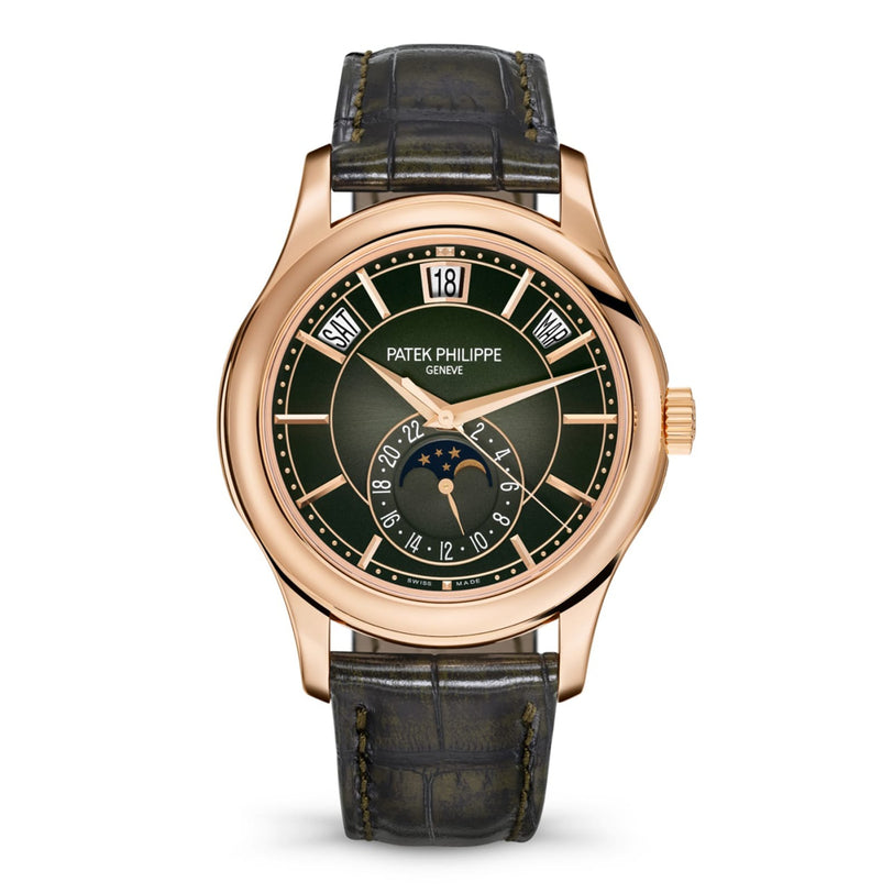The Patek Philippe Complication 5205R-011 features a green dial, moon phase display, and a brown leather strap.