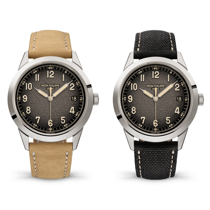 Two Patek Philippe Calatrava 5226G-001 watches with black dials: one with a tan strap and one with a black strap.
