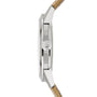 Side view of the Patek Philippe Calatrava 5226G-001, featuring a silver case, textured crown, and tan leather strap.