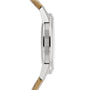 Side view of the Patek Philippe Calatrava 5226G-001, featuring a silver case with a textured bezel and a light brown leather strap.