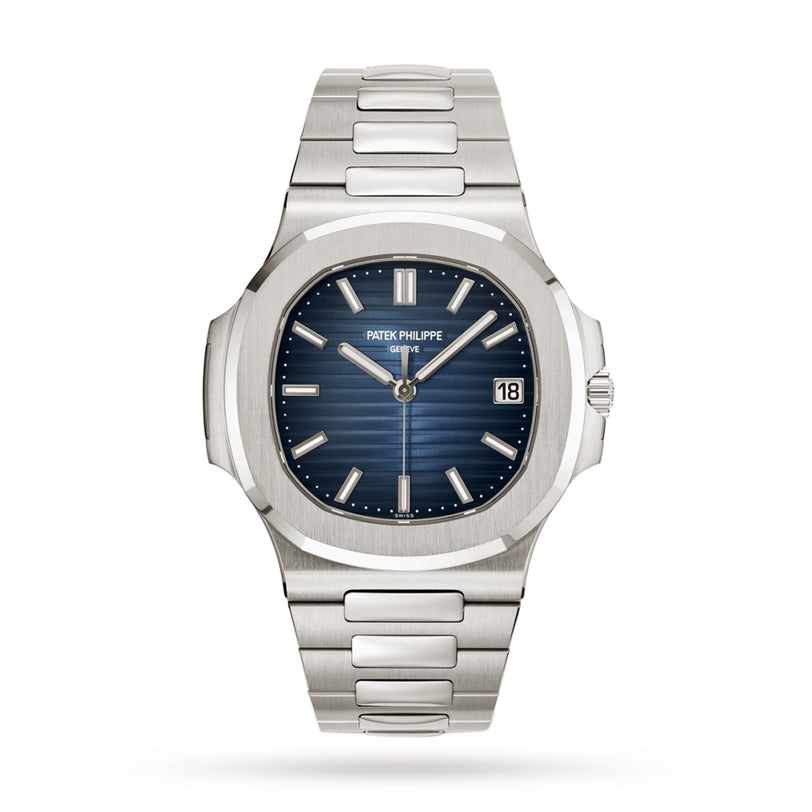 Patek Philippe Nautilus 5811/1G-001 silver watch with a blue dial, date display, and metal bracelet shown on a white background.
