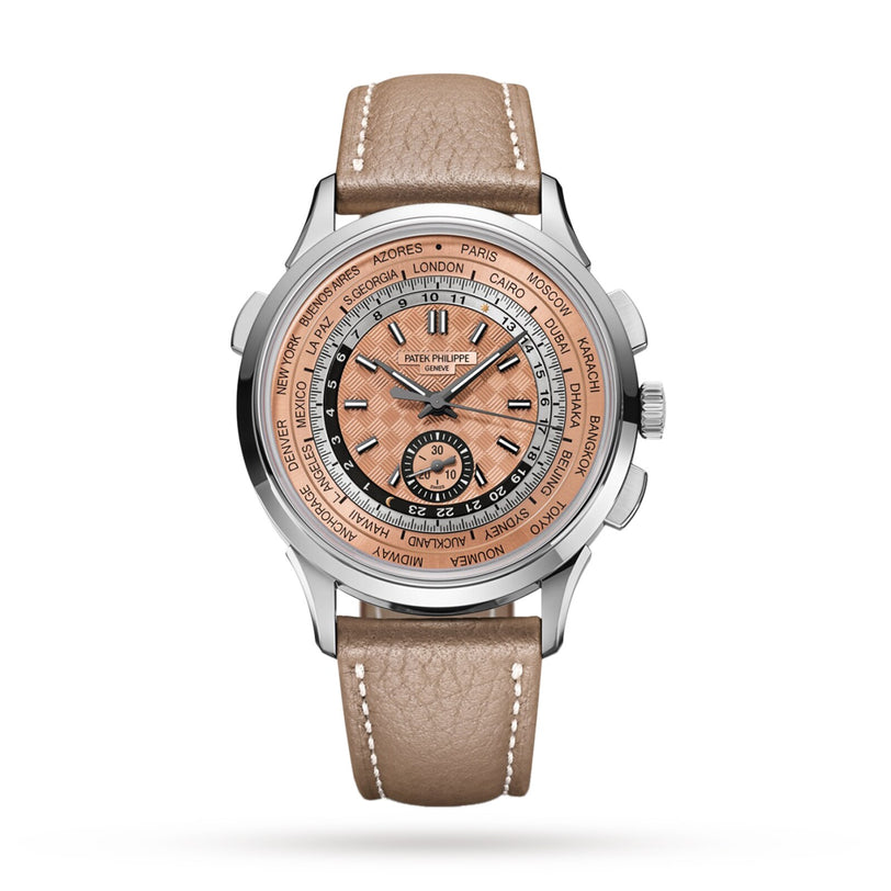 The Patek Philippe Complications 5935A-001 is a luxury watch with a tan leather strap, world time cities on the dial, and a rose gold textured face.