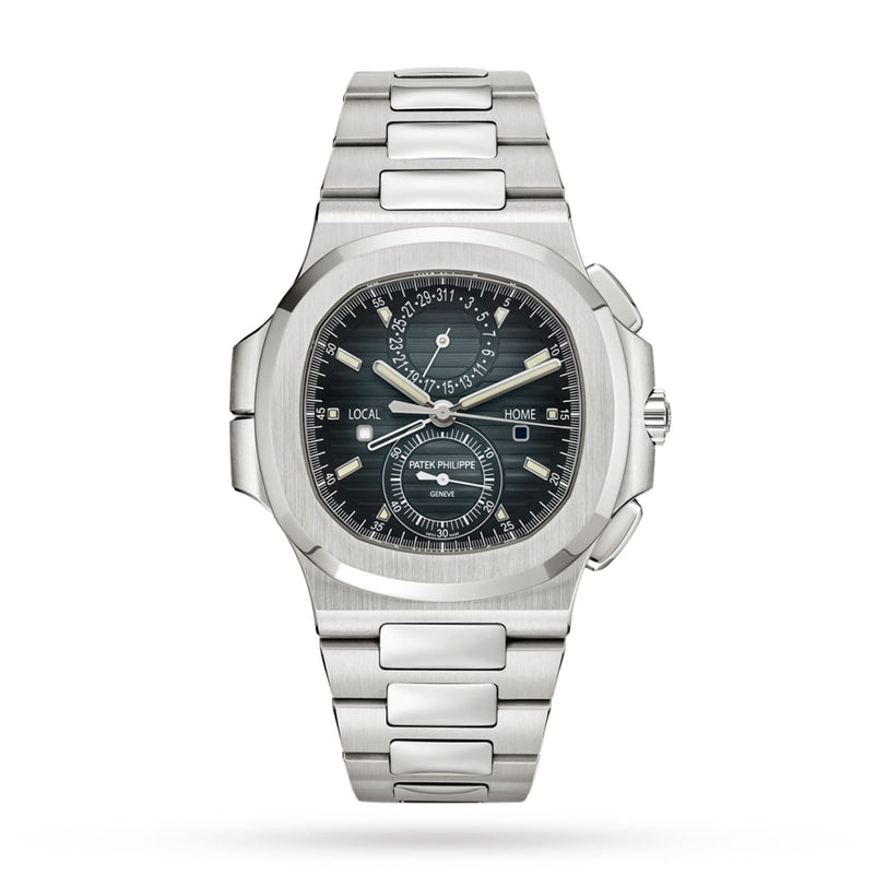 The Patek Philippe Nautilus 5990/1A-011 luxury wristwatch features a black dial with silver hour markers and a metal link bracelet, displayed on a white background.