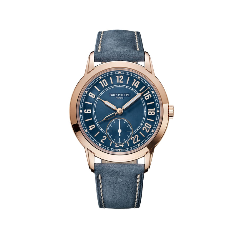 The Patek Philippe Complications 5224R-001 features a gold case, a leather strap, and displays both 12-hour and 24-hour time.