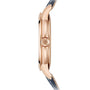 Side view of the Patek Philippe Complications 5224R-001, a rose gold wristwatch with a dark strap and a floral emblem on the crown.