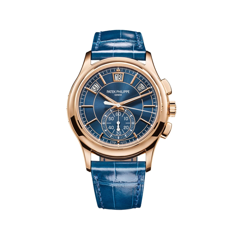 The Patek Philippe Complications 5905R-010 watch features a blue dial and blue leather strap, shown on a white background.