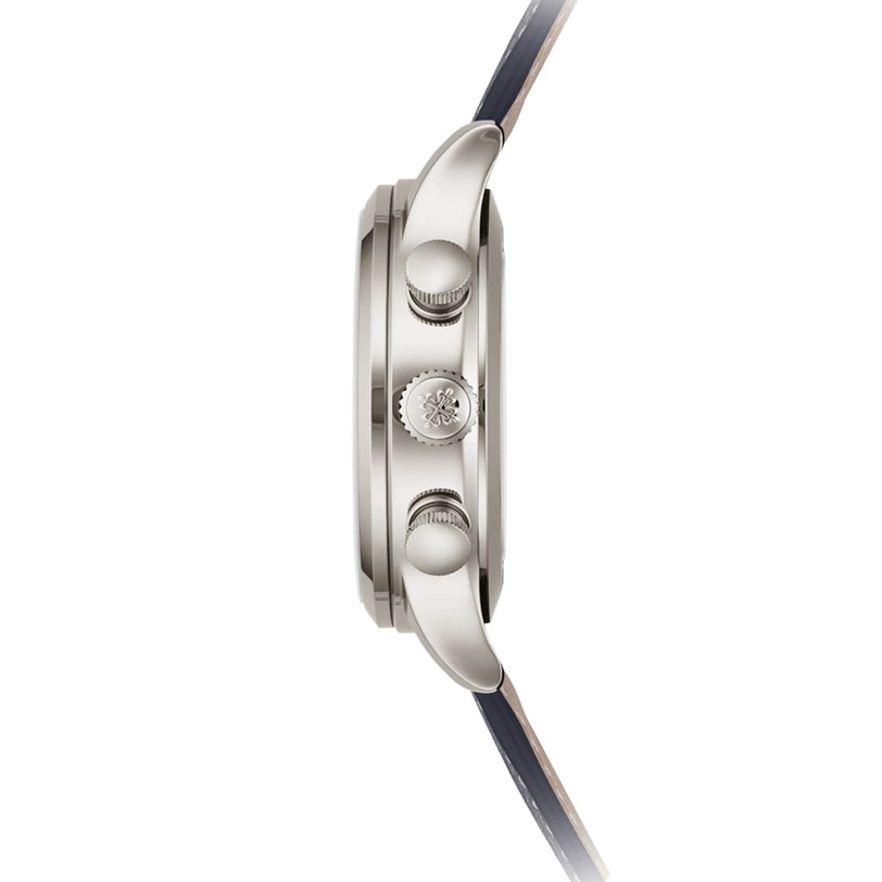 Side view of the Patek Philippe Complications 5924G-001, a silver wristwatch with two buttons and a crown on a dark leather strap.