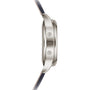 Side view of the Patek Philippe Complications 5924G-001, a silver wristwatch with two buttons and a dark strap, displayed against a white background.