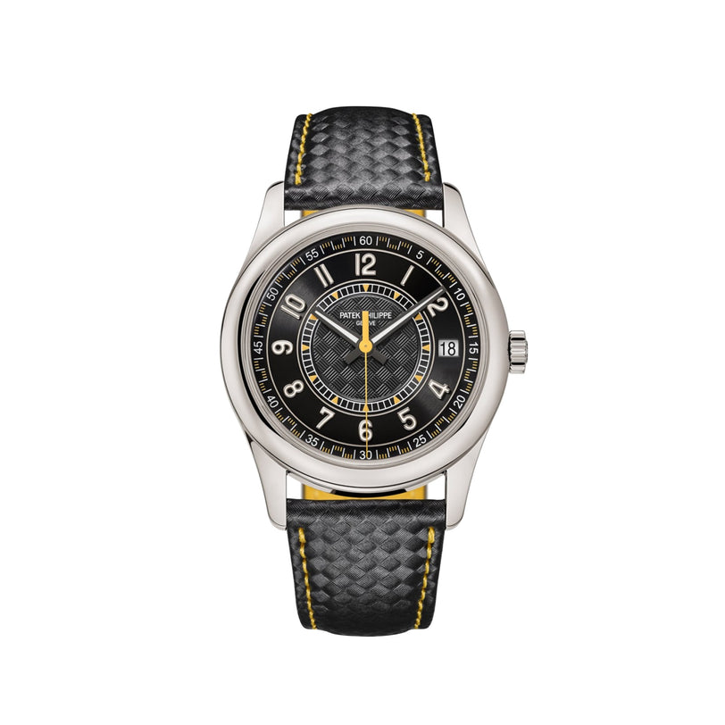 The Patek Philippe Calatrava 6007G-001 is a luxury wristwatch with a black textured strap, yellow stitching, and a black dial featuring silver and yellow accents.