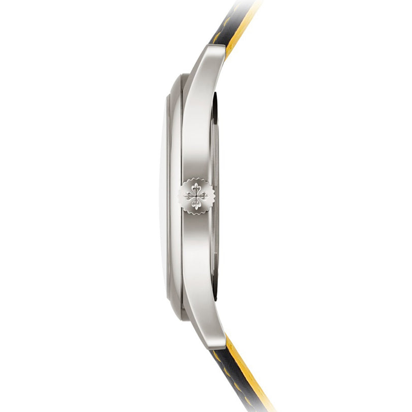 Side view of the Patek Philippe Calatrava 6007G-001 wristwatch featuring a silver case, crown, and a black strap with yellow edges.