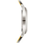 Side view of the Patek Philippe Calatrava 6007G-001 silver case with a black and yellow strap, set against a white background.