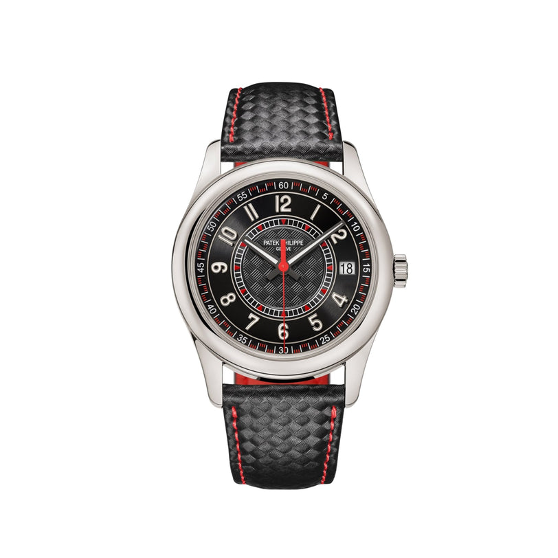 The Patek Philippe Calatrava 6007G-010 features a silver case, black dial with red accents, and a black leather strap with red stitching.