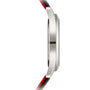Side view of the Patek Philippe Calatrava 6007G-010, a slim wristwatch featuring a silver case and a black and red strap.