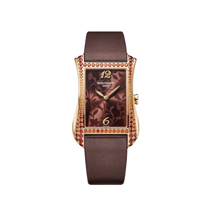The Patek Philippe Gondolo 4962/200R-001 features a brown floral face, jeweled bezel, and brown strap, displayed on a white background.
