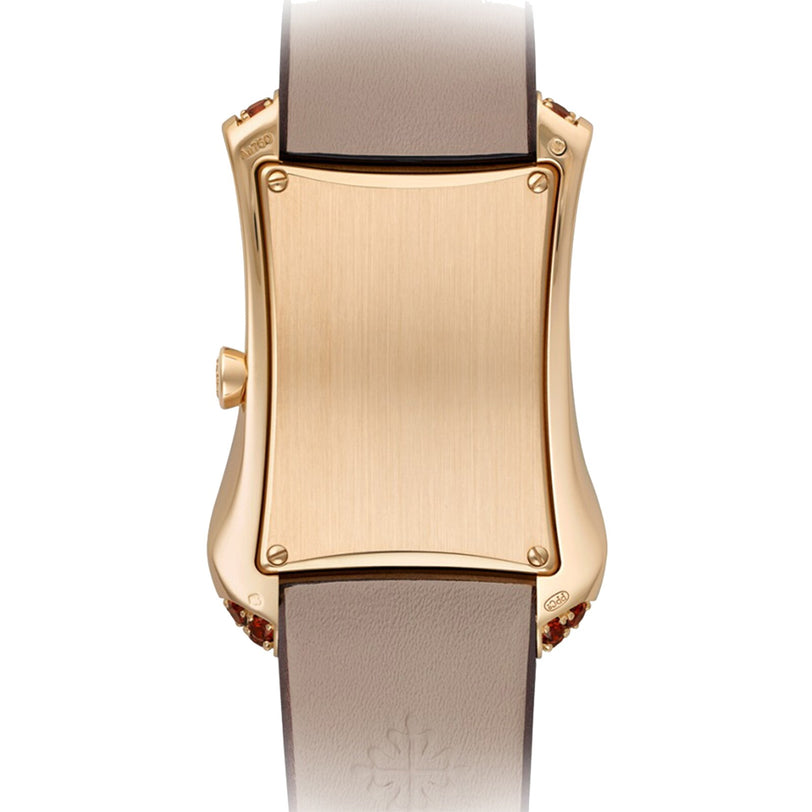 Back view of the Patek Philippe Gondolo 4962/200R-001 wristwatch featuring a gold case with a blank back and a beige leather strap.