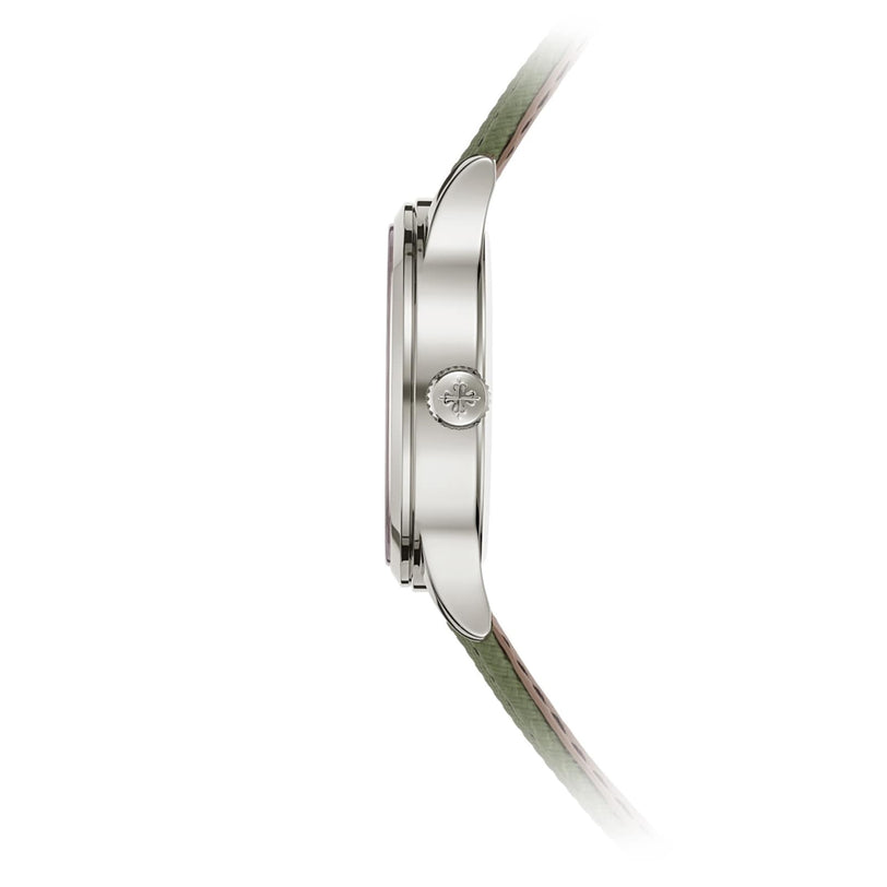 Side view of the Patek Philippe Complications 5524G-010, featuring a slim silver case and a greenish strap, set against a white background.