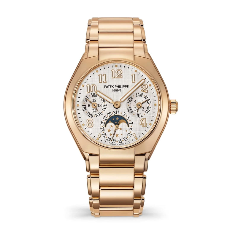 The Patek Philippe Twenty~4 7340/1R-001 is a rose gold wristwatch featuring a white dial and multiple subdials for various functions.