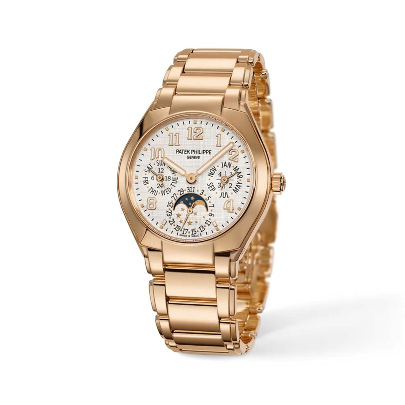Patek Philippe Twenty~4 7340/1R-001 rose gold wristwatch with a white detailed dial, multiple subdials, and matching metal band.