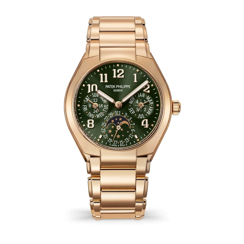 A Patek Philippe Twenty~4 7340/1R-010 wristwatch in gold, featuring a green dial and multiple subdials.