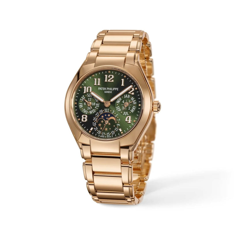 The Patek Philippe Twenty~4 7340/1R-010 is a gold watch with a green dial and multiple subdials, displayed on a white background.