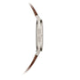Side view of the Patek Philippe Calatrava Platinum 6196P-001 wristwatch with a platinum case and brown leather strap on a white background.