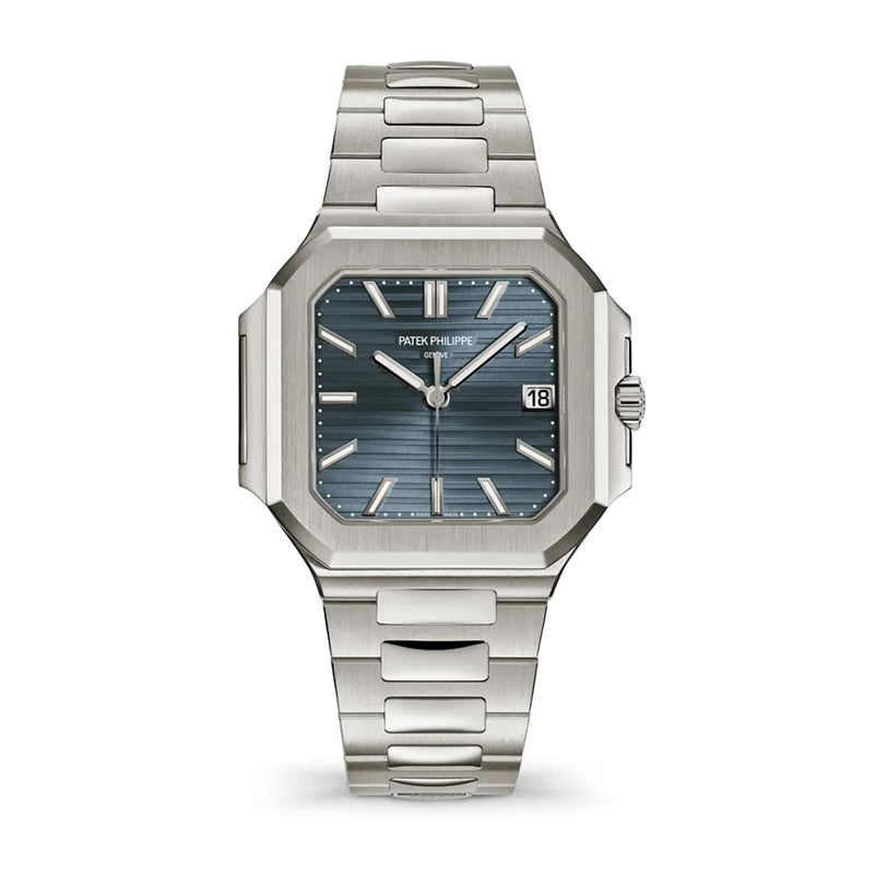 The Patek Philippe Cubitus 7128/1G-001 features a silver rectangular case, blue dial, metal link bracelet, and date display.
