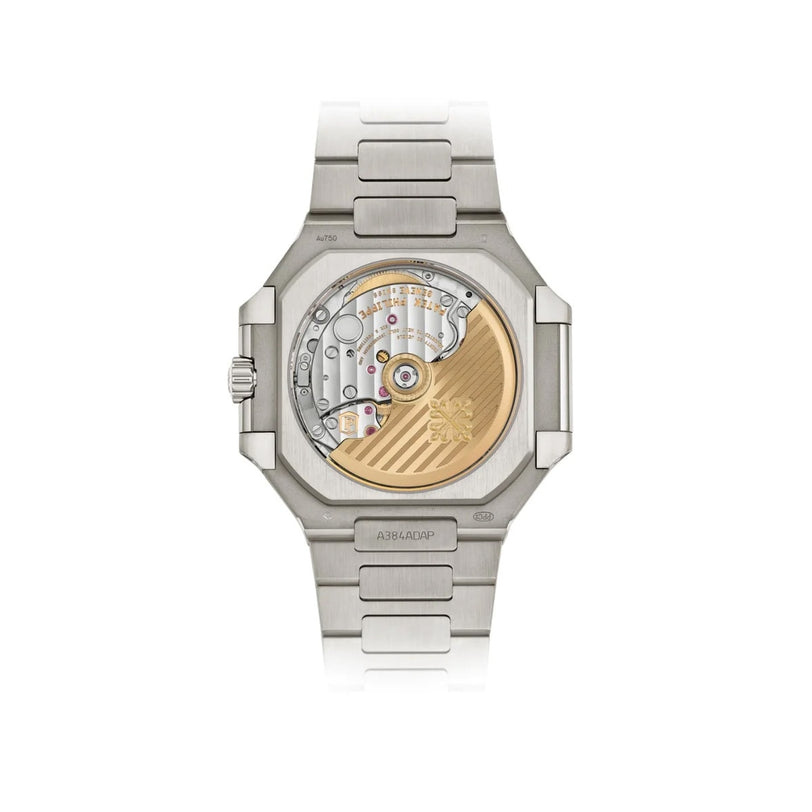 Back view of the Patek Philippe Cubitus 7128/1G-001 displays its exposed mechanical movement with gold and silver accents.