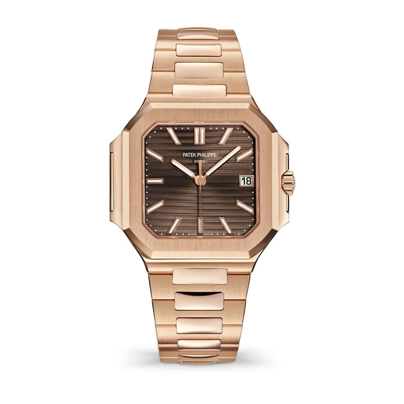 Patek Philippe Cubitus 7128/1R-001: rose gold wristwatch featuring a brown dial, date display, and metal link bracelet.