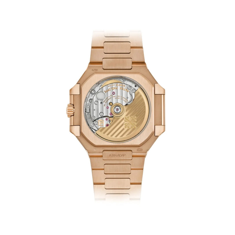 The Patek Philippe Cubitus 7128/1R-001 is a rose gold wristwatch featuring an open case back that reveals its intricate mechanical movement.