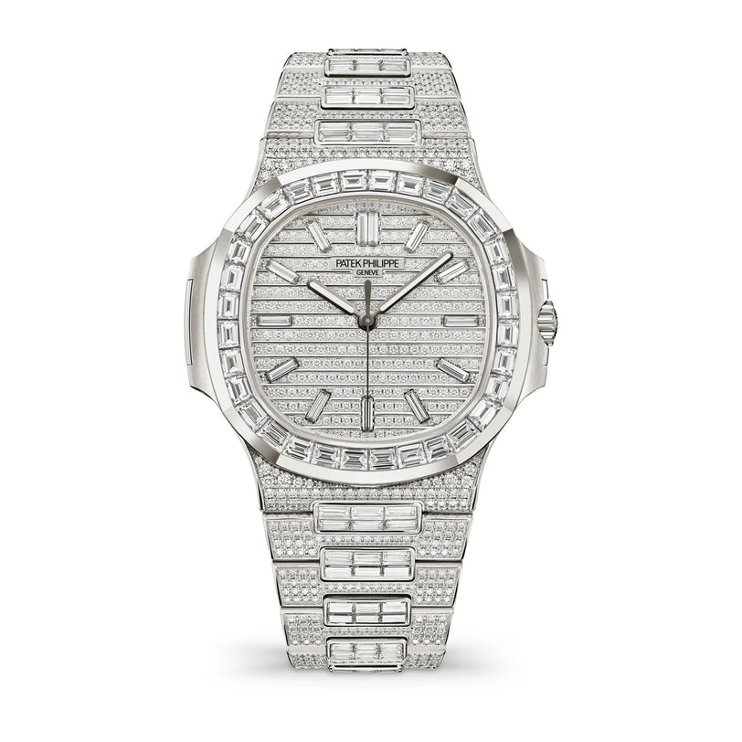 The Patek Philippe Nautilus 5811/1460G-001 is a luxury watch featuring diamonds on the face, bezel, and bracelet.
