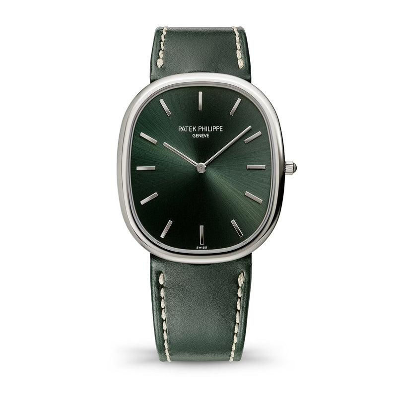 Patek Philippe watch with green face and leather strap on a white background