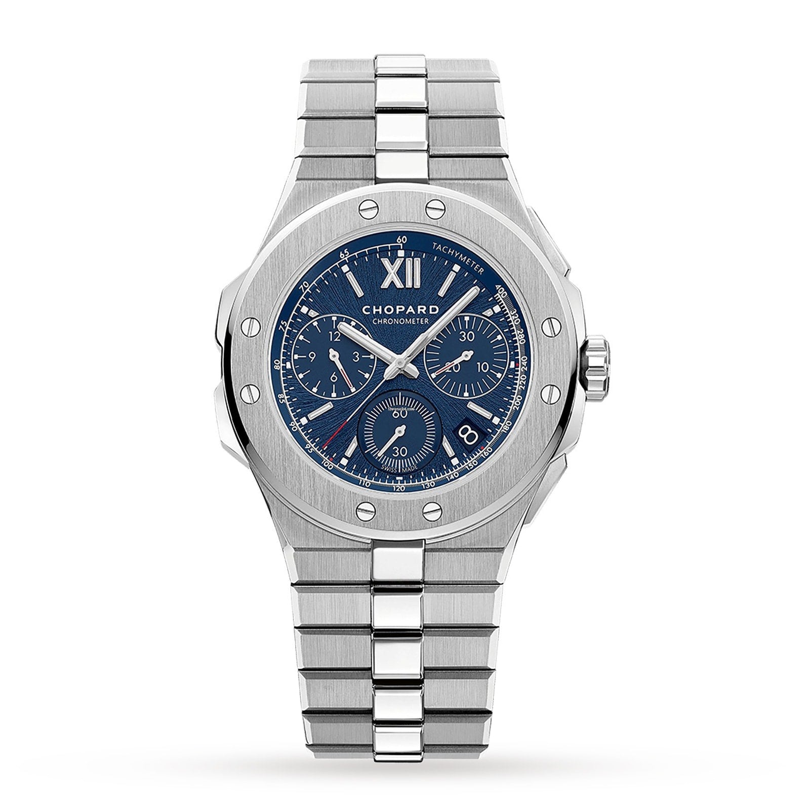 The Chopard Alpine Eagle XL Chrono is a stainless steel chronograph wristwatch featuring a blue dial with three subdials, silver hour markers, and a metal link bracelet, showcasing Swiss craftsmanship on a plain white background.
