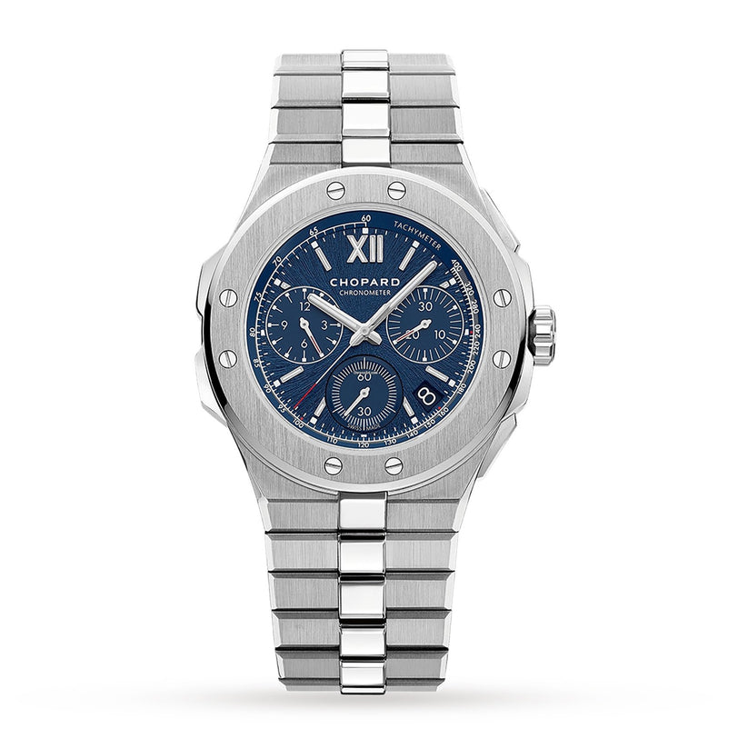The Chopard Alpine Eagle XL Chrono is a stainless steel chronograph wristwatch featuring a blue dial with three subdials, silver hour markers, and a metal link bracelet, showcasing Swiss craftsmanship on a plain white background.