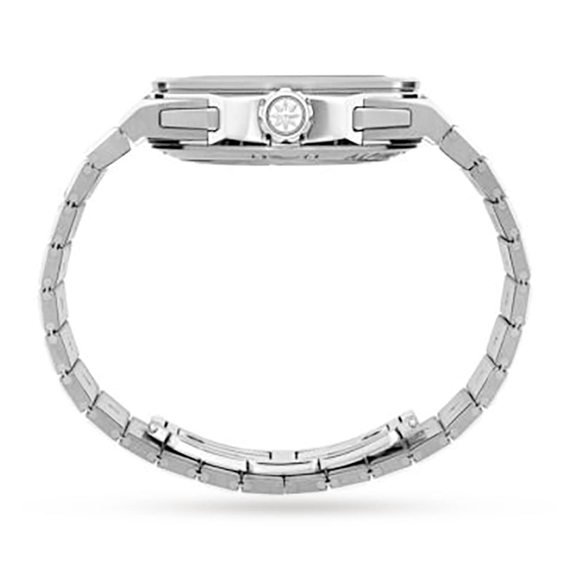 Side view of the Chopard Alpine Eagle XL Chrono in silver, highlighting its thin case profile, round crown, and linked bracelet band—a testament to Swiss craftsmanship.