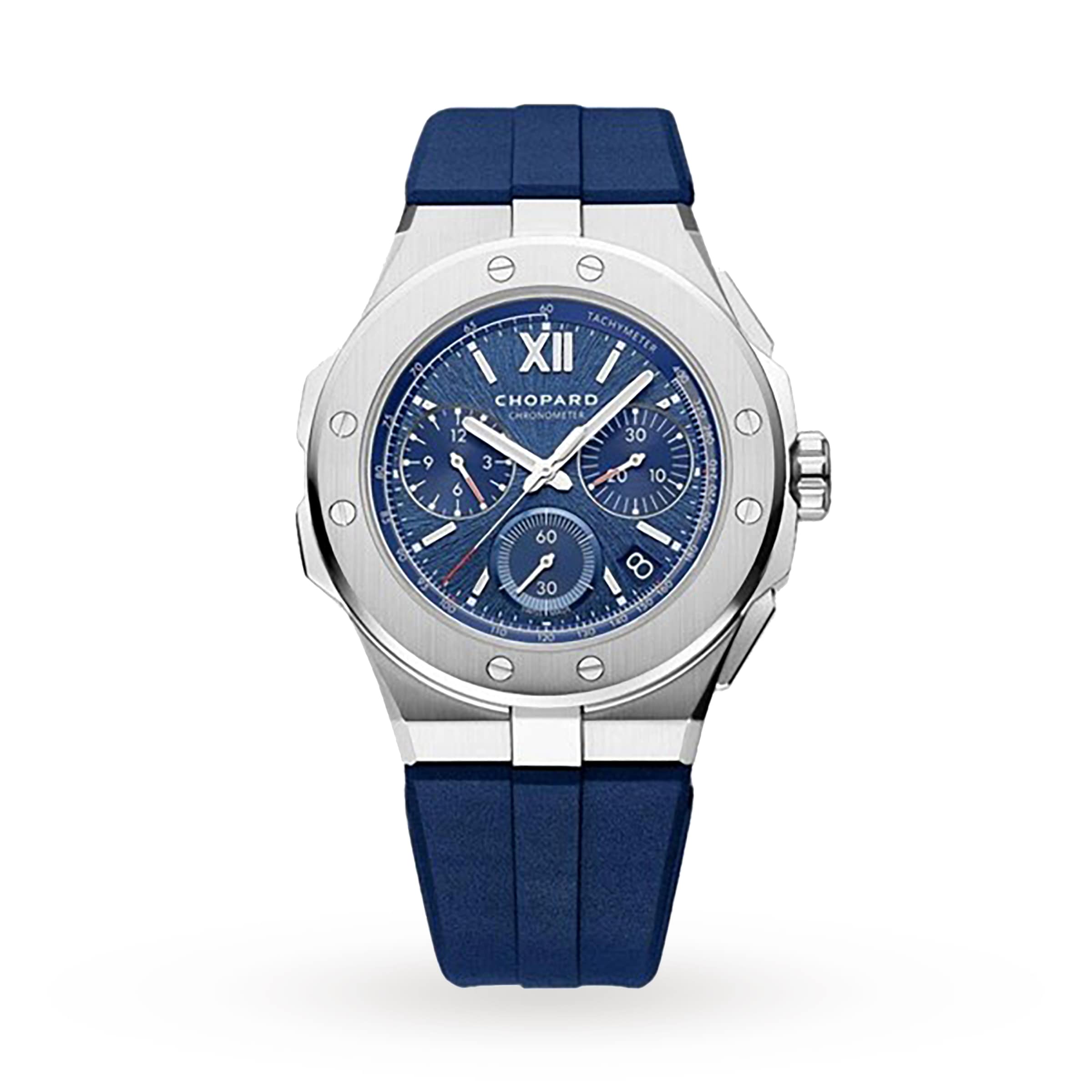 The Chopard Alpine Eagle XL Chrono, a silver wristwatch with blue dial, chronograph subdials, Roman numeral XII, and blue rubber strap, exemplifies Swiss craftsmanship on a white background.
