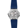 Back view of the Chopard Alpine Eagle XL Chrono highlights Swiss craftsmanship with a visible automatic movement, silver case, and blue rubber strap embossed with Chopard.