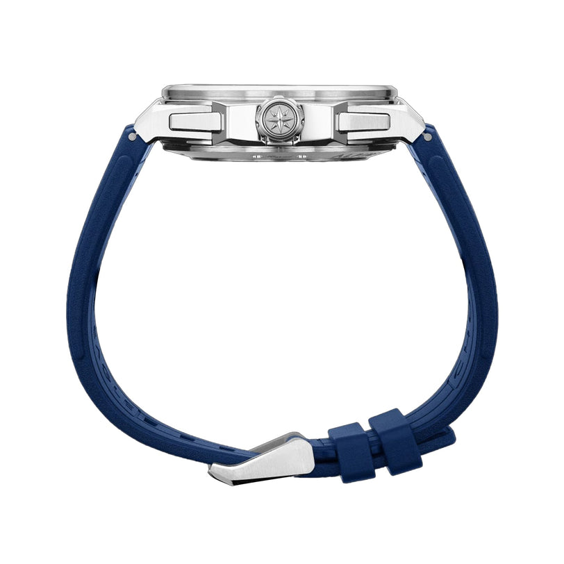 Side view of a silver Chopard Alpine Eagle XL Chrono wristwatch, showcasing Swiss craftsmanship, a blue rubber strap with visible clasp, set against a white background.