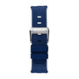 A blue rubber watch strap for the Chopard Alpine Eagle XL Chrono, featuring a silver clasp engraved with Chopard and displayed vertically on a plain white background—showcasing Swiss craftsmanship.