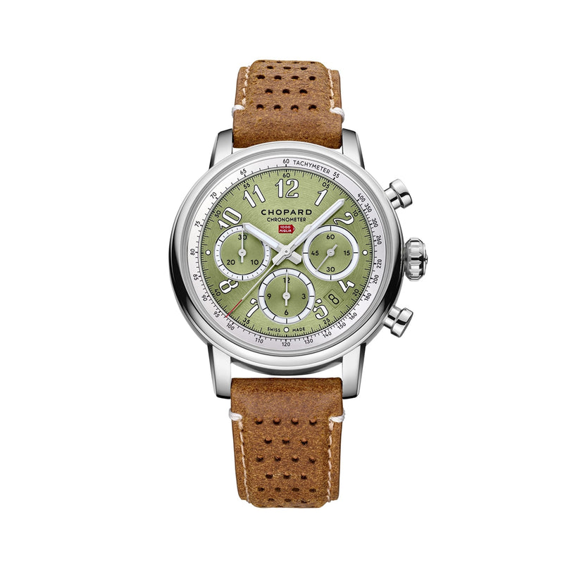Chopard Mille Miglia Classic Chronograph with a light green dial and brown perforated leather strap, displayed on a white background.