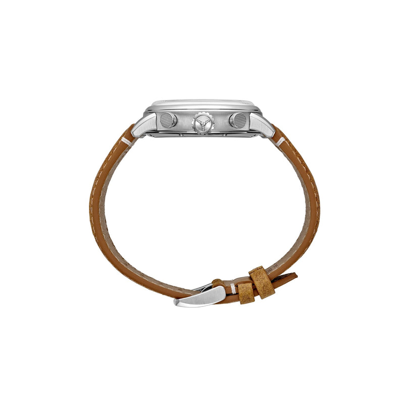 Side view of the Chopard Mille Miglia Classic Chronograph wristwatch with a silver case and brown leather strap on a white background.