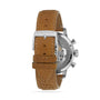 Back view of the Chopard Mille Miglia Classic Chronograph shows brown leather strap, silver Chopard buckle, and visible mechanical movement.
