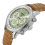 Chopard Mille Miglia Classic Chronograph with a green dial and brown perforated leather strap, shown from an angled view.