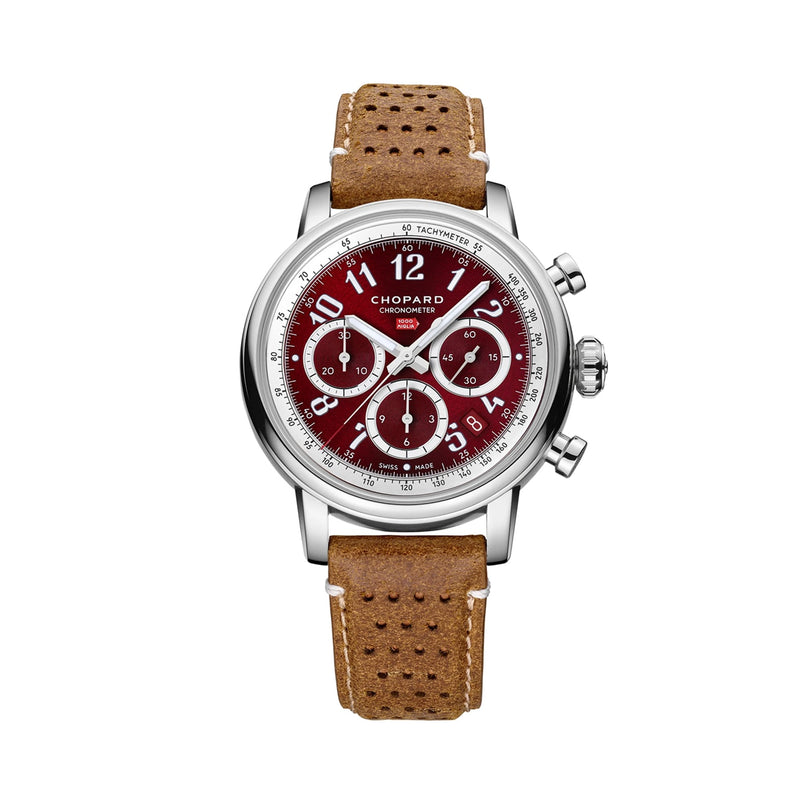 The Chopard Mille Miglia Classic Chronograph features a red dial, brown perforated leather strap, and a silver case.