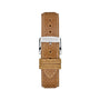 The Mille Miglia Classic Chronograph by Chopard features a light brown leather strap with a silver buckle engraved with the Chopard logo, displayed on a white background.