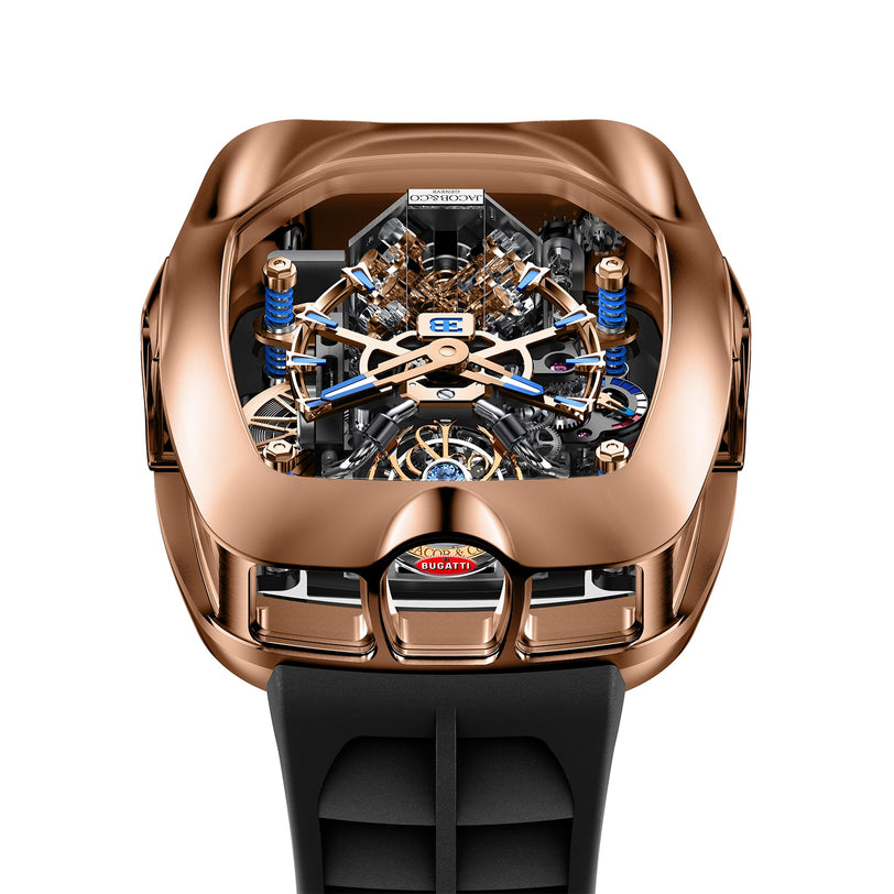 The Jacob & Co Bugatti Chiron Tourbillon features a luxurious rose gold case, exposed intricate mechanics, and a black strap.