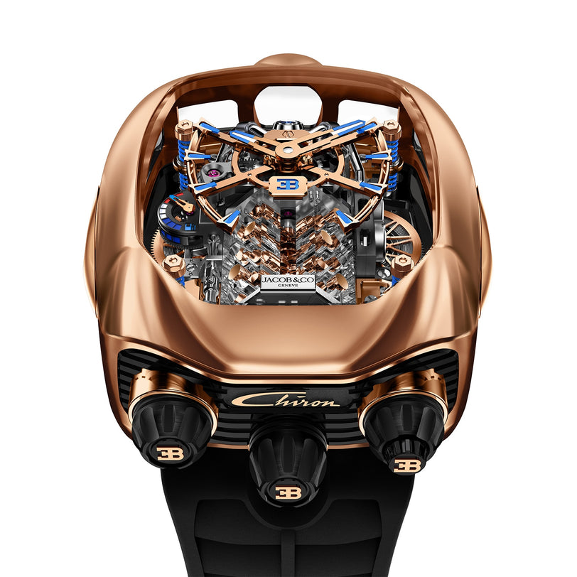 The Jacob & Co Bugatti Chiron Tourbillon is a gold and black luxury watch featuring exposed gears, the Bugatti logo, and a “Chiron” label on the front.